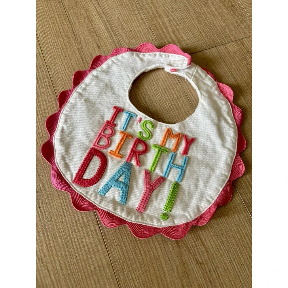 NWOT Mud Pie Girl 1st Birthday Bib Cake Smashing Pink Scallop Colorful